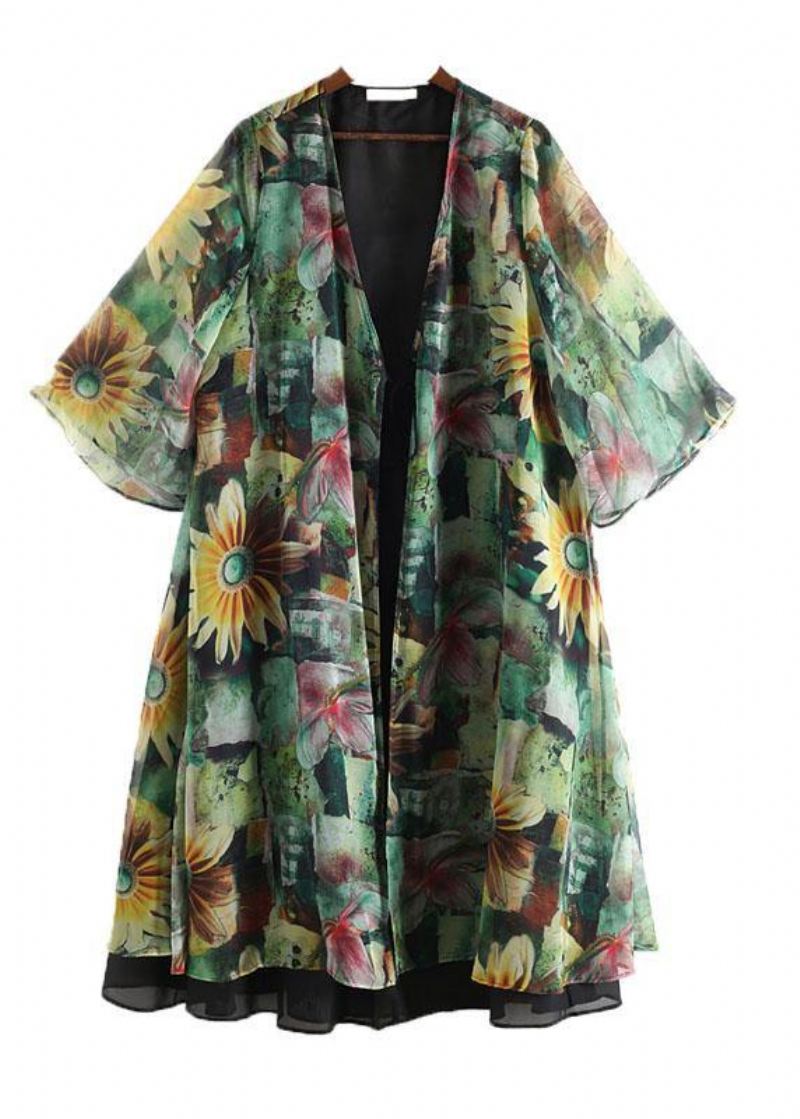 Bohemian Green Print Long Sleeve Chiffon Cardigan - Cardigans for kvinner