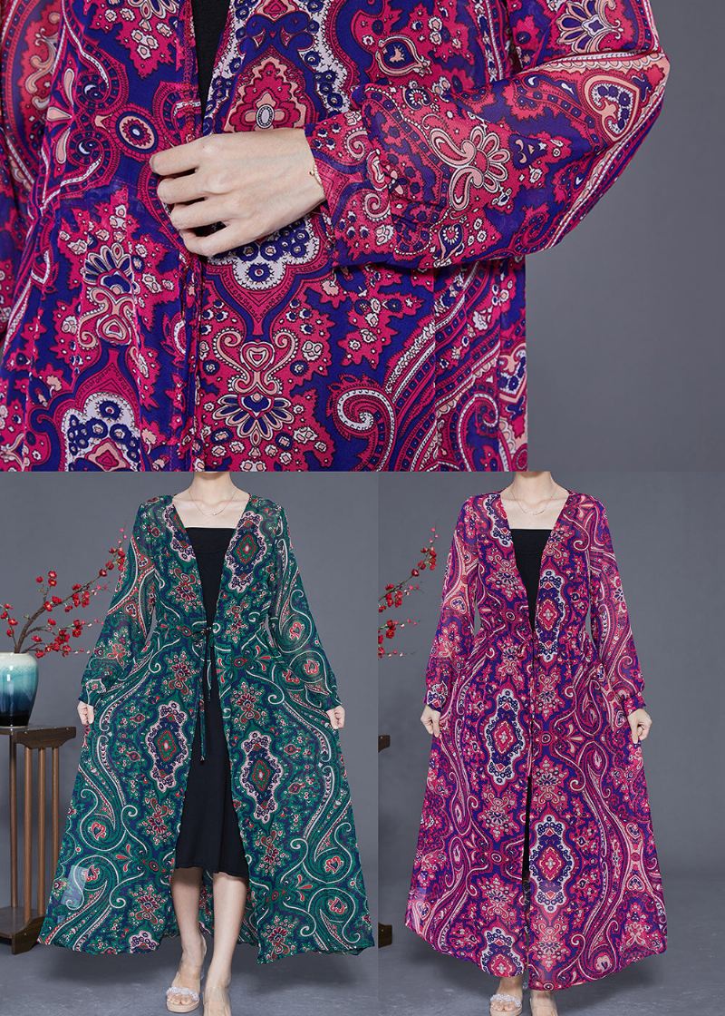 Bohemian Green Print Tie Midje Chiffon Lang Cardigan Summer - Cardigans for kvinner