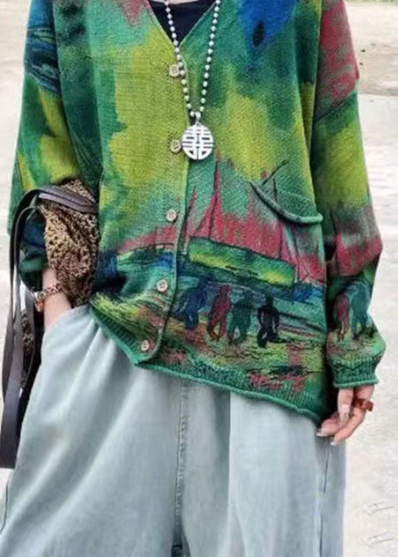 Bohemian Green V-hals Print Lommer Strikke Cardigans Langermet - Cardigans for kvinner