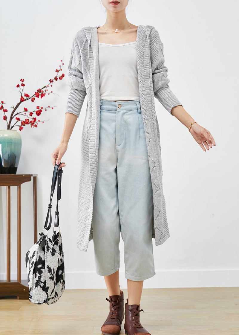 Bohemian Grey Hette Oversized Strikkede Lange Cardigans Høst - Cardigans for kvinner