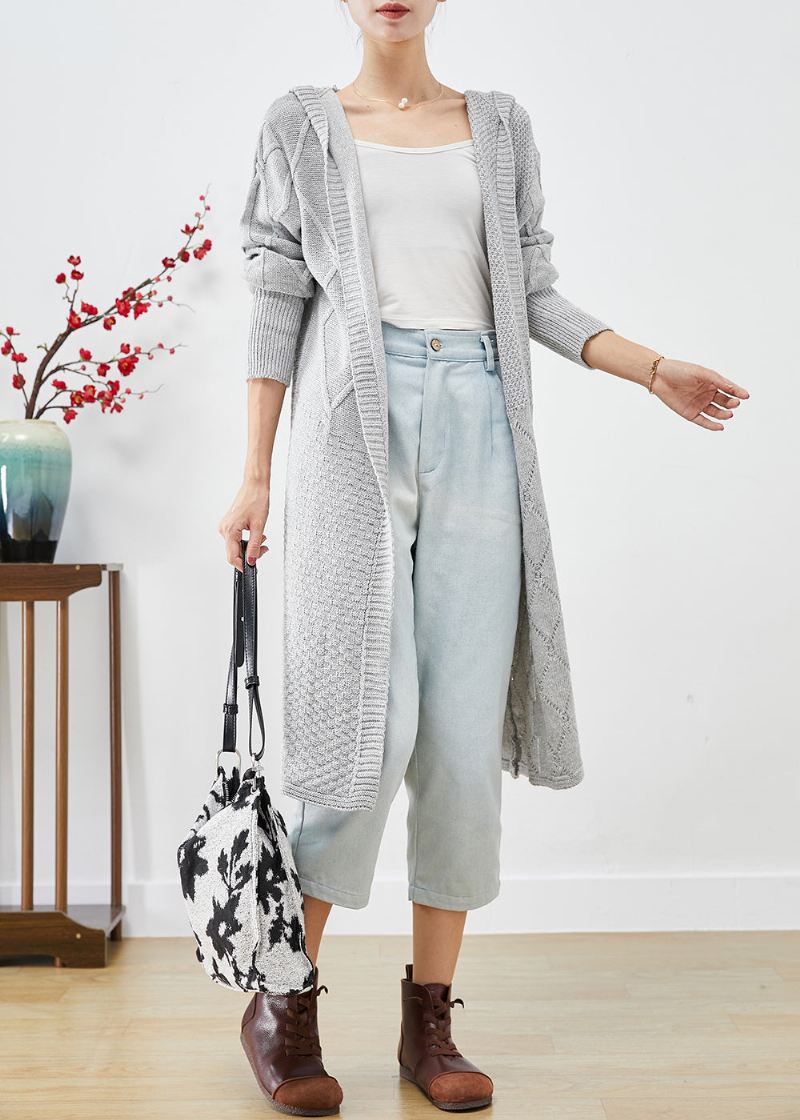 Bohemian Grey Hette Oversized Strikkede Lange Cardigans Høst - Cardigans for kvinner