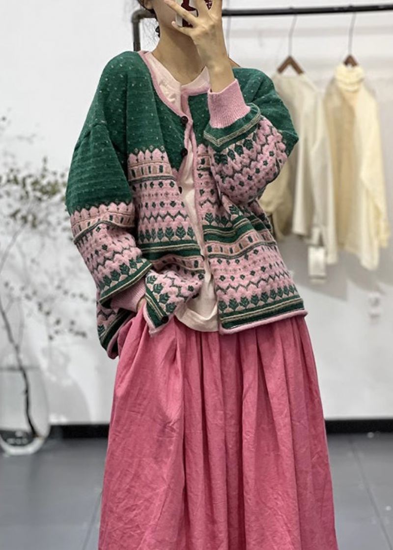 Bohemian Grønn O-hals Brodert Knapp Strikket Cardigans Høst - Cardigans for kvinner