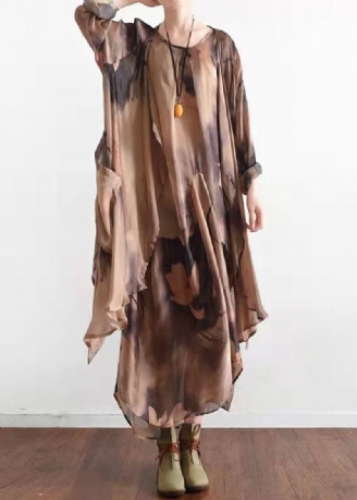 Bohemian Khaki Asymmetrisk Print Silke Cardigans Og Kjole To-delt Dress Sett Sommer