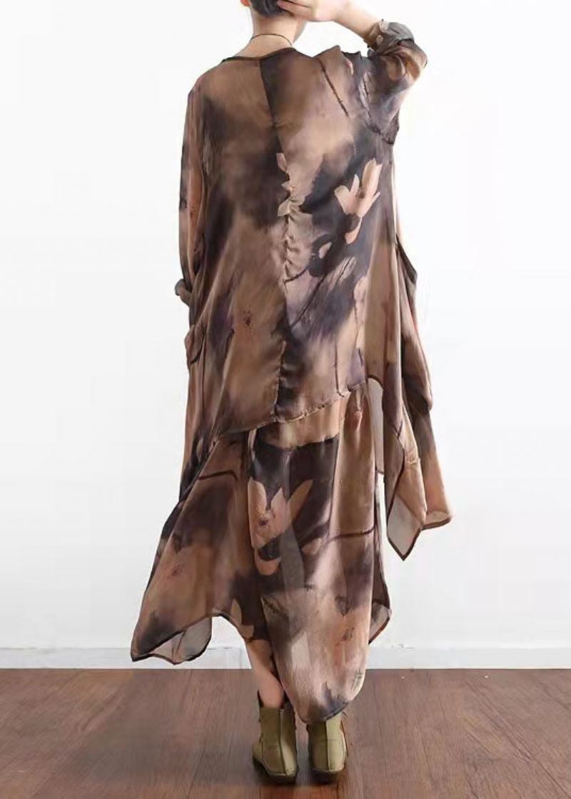 Bohemian Khaki Asymmetrisk Print Silke Cardigans Og Kjole To-delt Dress Sett Sommer - Cardigans for kvinner