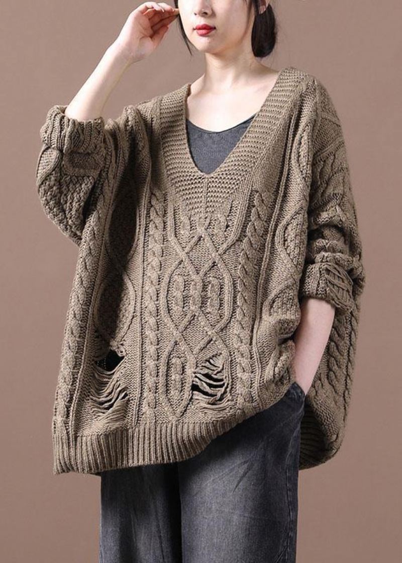 Bohemian Khaki Hole V Neck Fall Koselig Genser