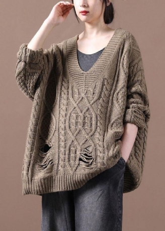 Bohemian Khaki Hole V Neck Fall Koselig Genser