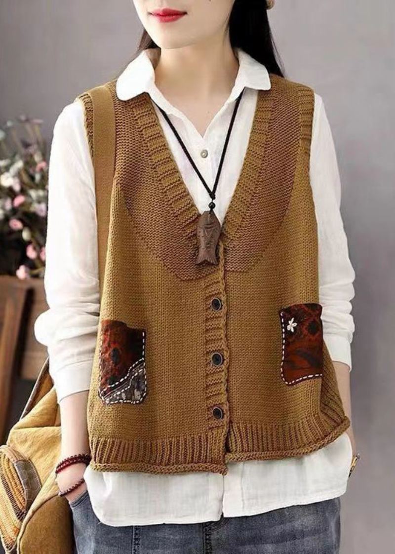 Bohemian Khaki-knapplommer Patchwork Bomullstrikket Vest Ermeløs