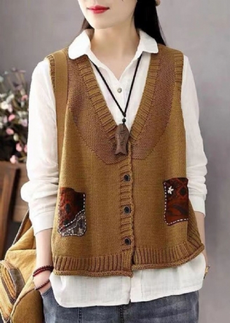 Bohemian Khaki-knapplommer Patchwork Bomullstrikket Vest Ermeløs