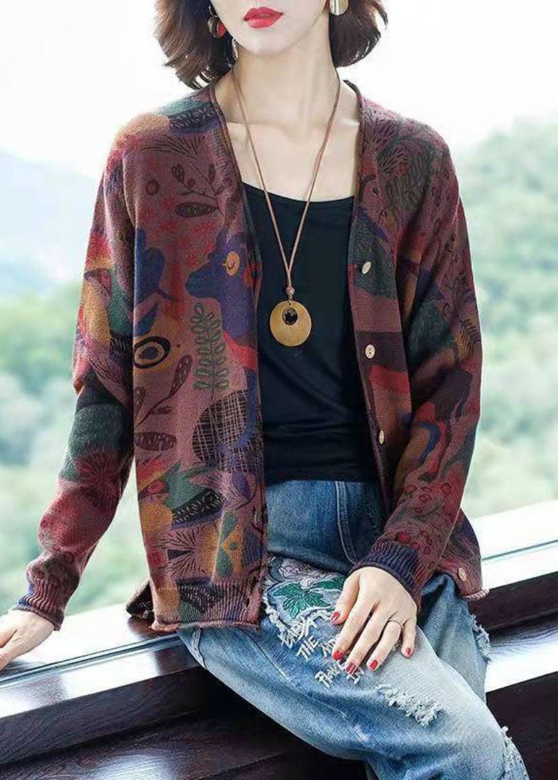 Bohemian Khaki V Neck Print Button Strikk Cardigan Spring - Cardigans for kvinner