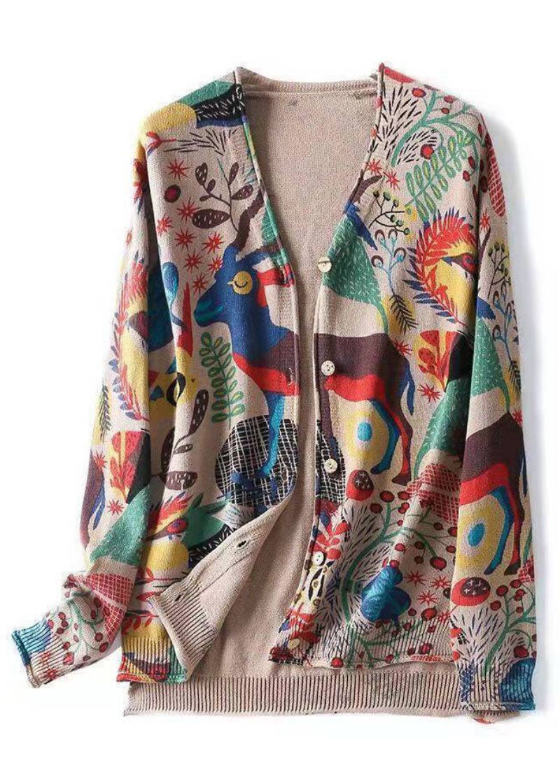 Bohemian Khaki V Neck Print Button Strikk Cardigan Spring - Cardigans for kvinner