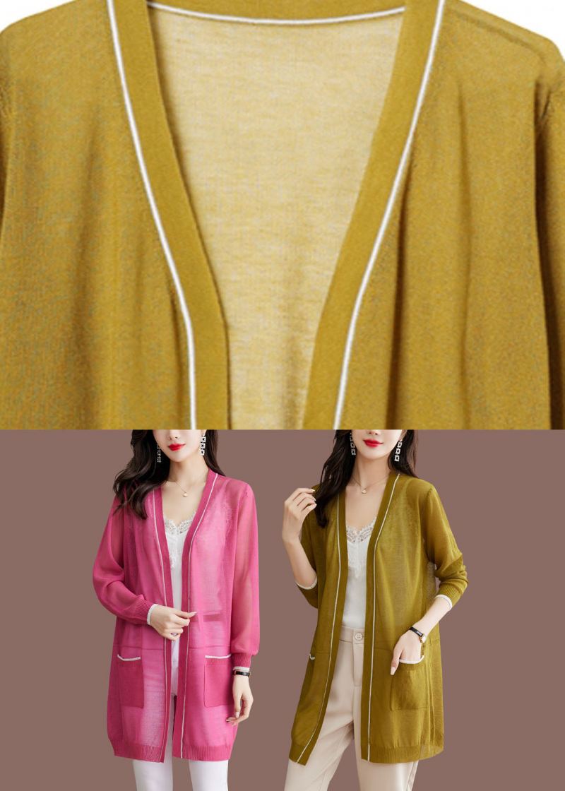 Bohemian Matcha Color V-hals Ice Størrelse Strikkede Cardigans Med Lange Ermer - Matcha Farge