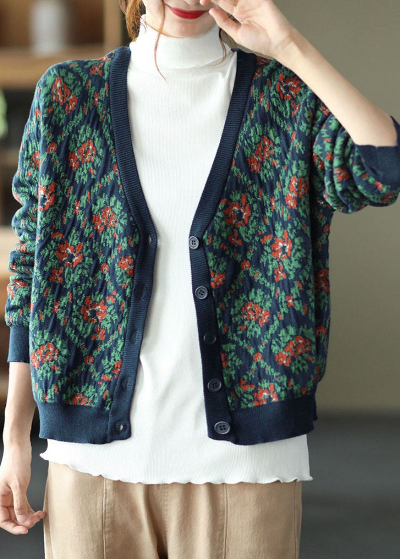 Bohemian Navy V Neck Print Strikk Cardigan Winter - Cardigans for kvinner