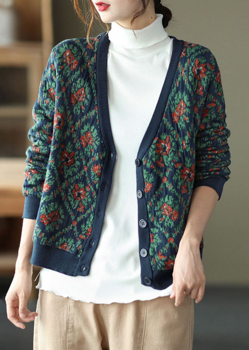 Bohemian Navy V Neck Print Strikk Cardigan Winter - Cardigans for kvinner