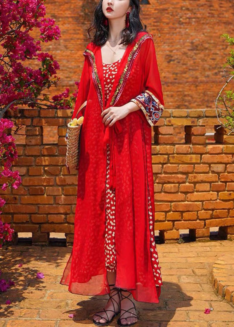 Bohemian Red Hette Lace Up Chiffon Long Cardigans Spring