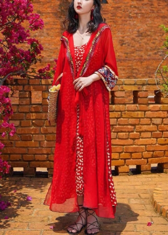 Bohemian Red Hette Lace Up Chiffon Long Cardigans Spring