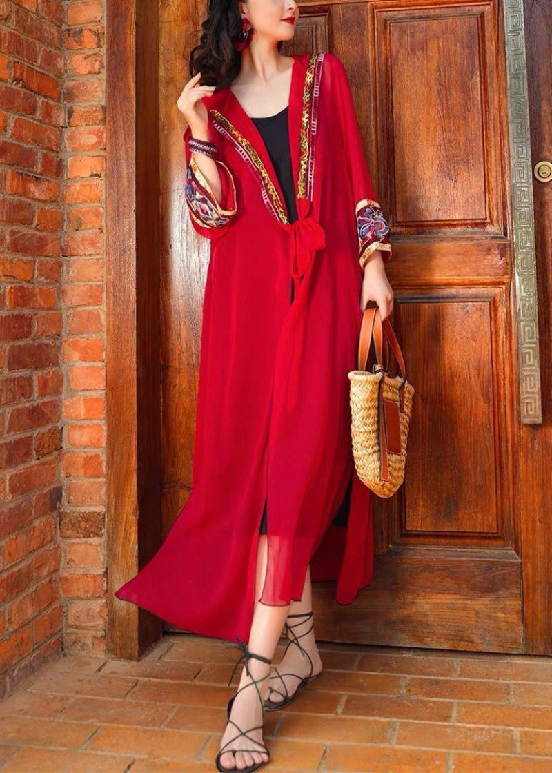 Bohemian Red Hette Lace Up Chiffon Long Cardigans Spring - Cardigans for kvinner