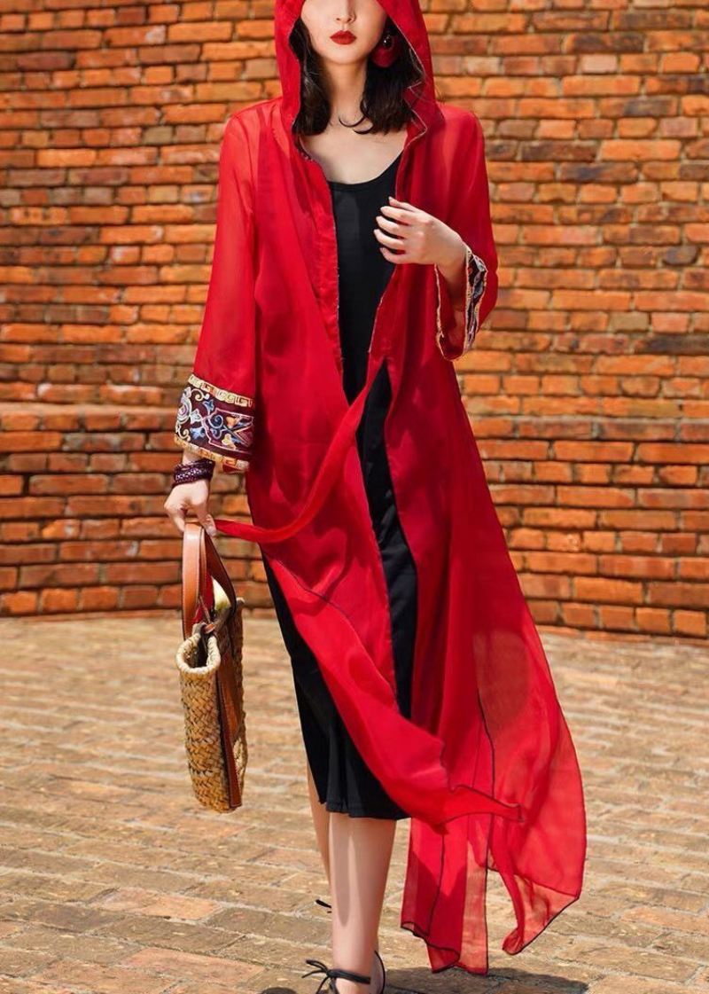 Bohemian Red Hette Lace Up Chiffon Long Cardigans Spring - Cardigans for kvinner