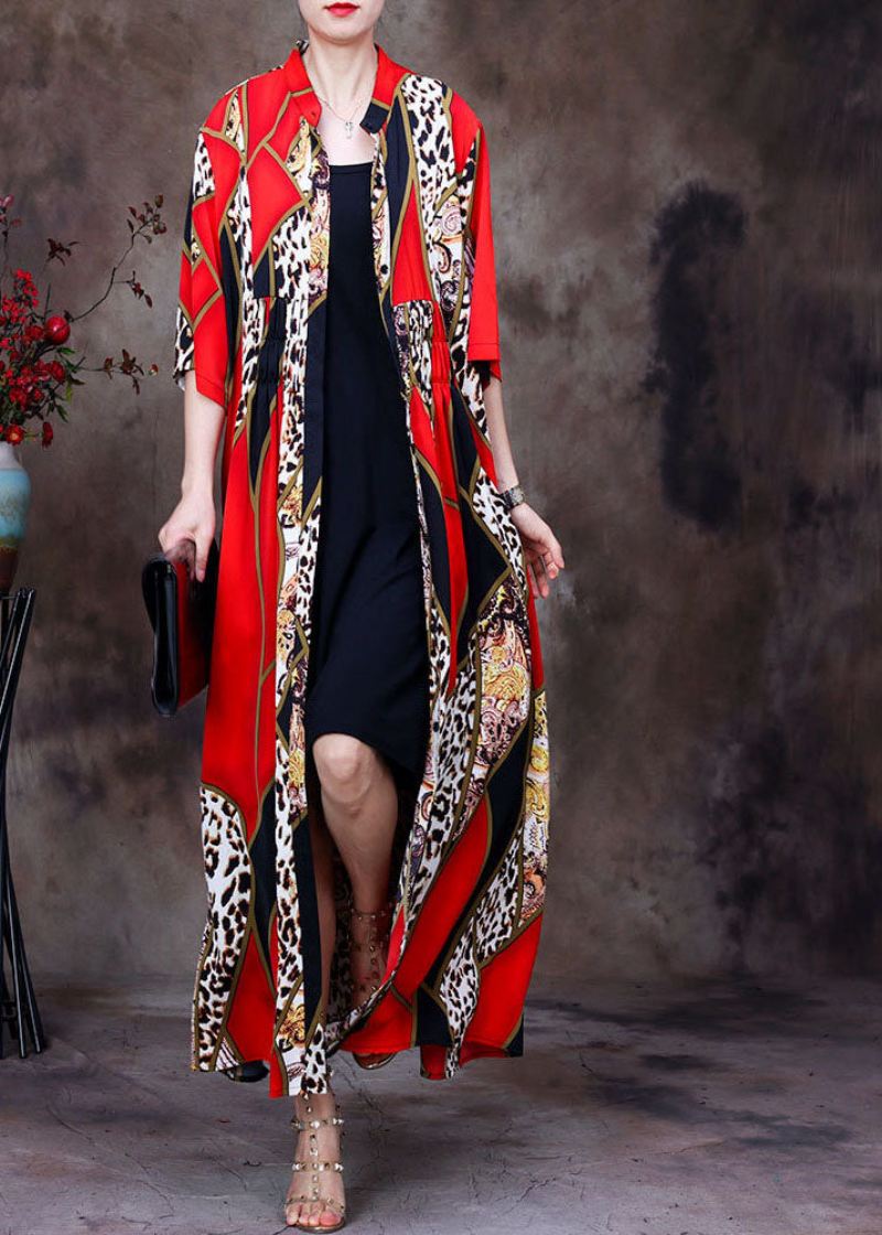 Bohemian Red Stand Collar Leopard Print Chiffon Lange Cardigans Sommer