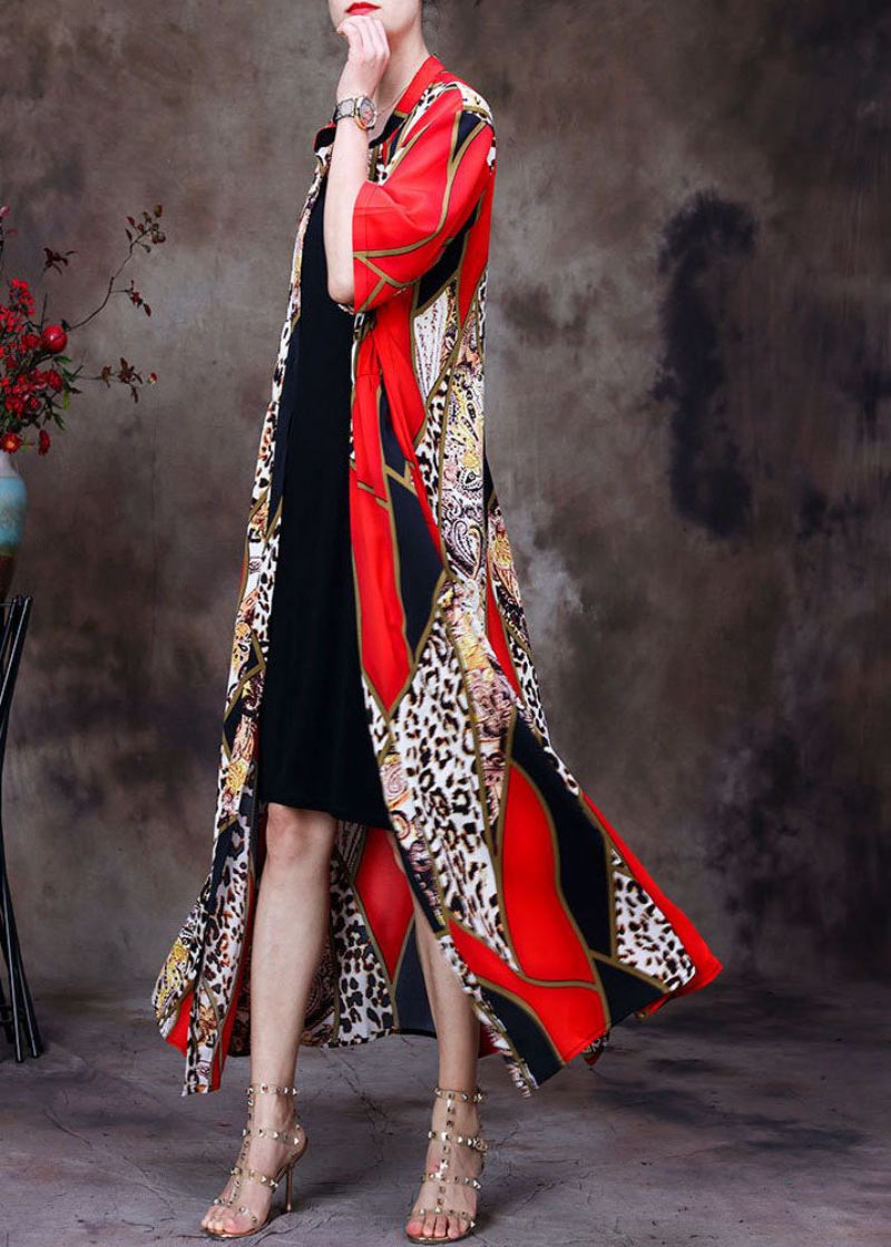 Bohemian Red Stand Collar Leopard Print Chiffon Lange Cardigans Sommer - Cardigans for kvinner