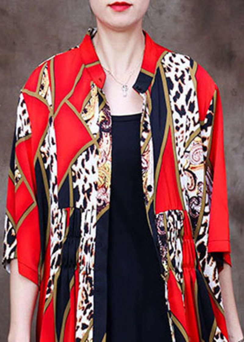 Bohemian Red Stand Collar Leopard Print Chiffon Lange Cardigans Sommer - Cardigans for kvinner