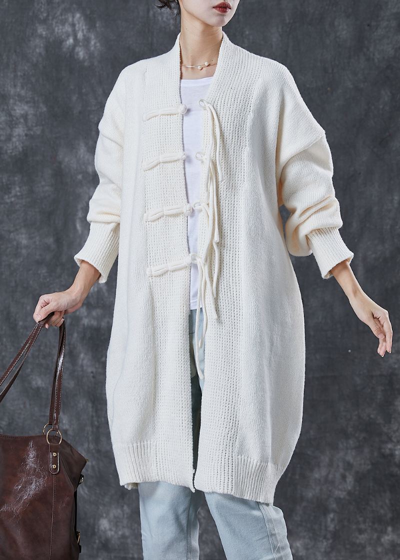 Bohemian White Oversized Kinesisk Knappstrikkede Cardigans Vår