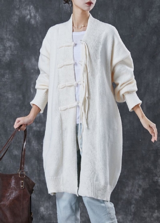 Bohemian White Oversized Kinesisk Knappstrikkede Cardigans Vår