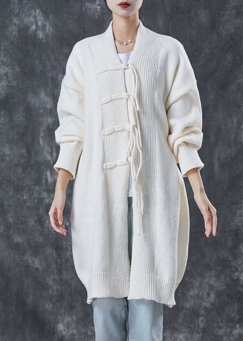 Bohemian White Oversized Kinesisk Knappstrikkede Cardigans Vår - Cardigans for kvinner