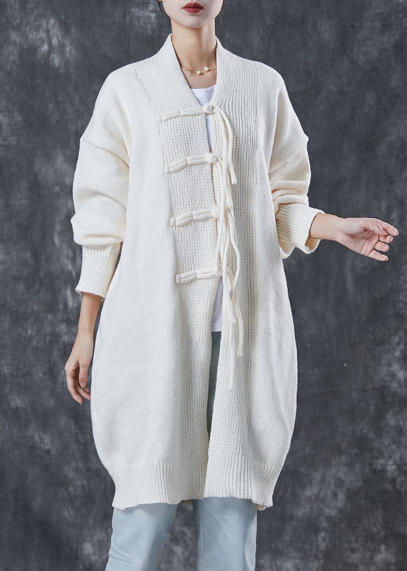 Bohemian White Oversized Kinesisk Knappstrikkede Cardigans Vår - Cardigans for kvinner