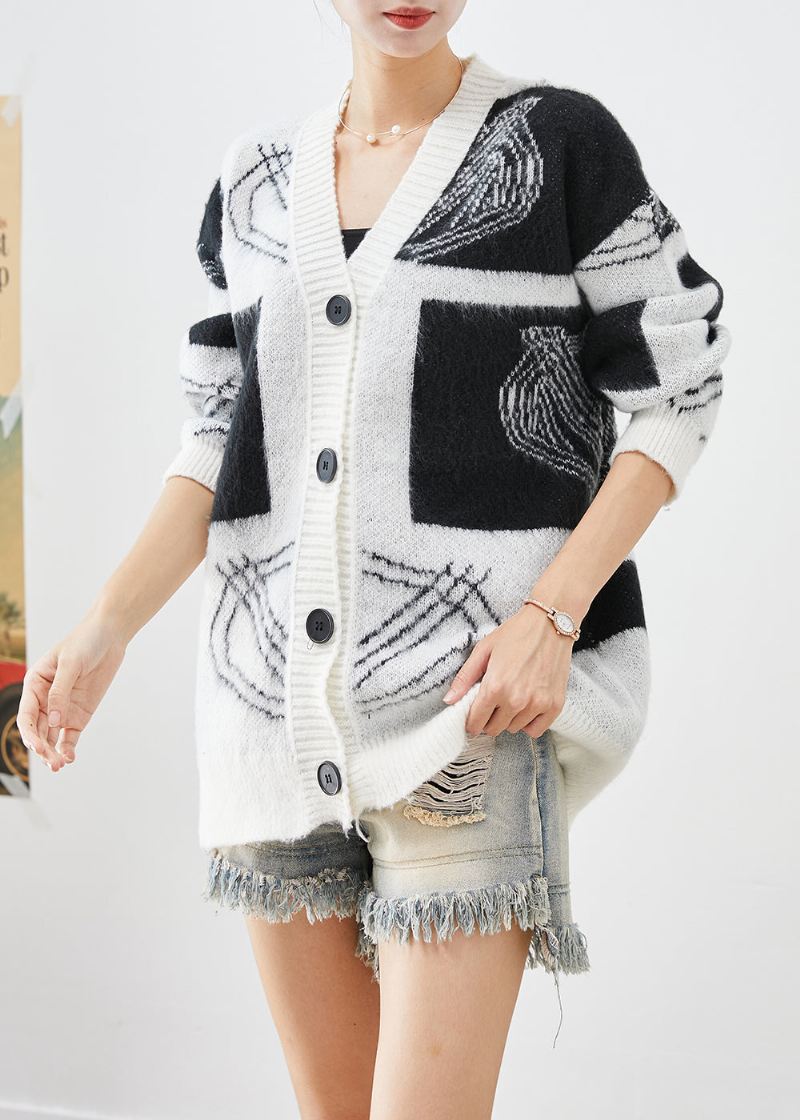 Bohemian White Oversized Print Button Down Strikkede Cardigans Fall - Cardigans for kvinner