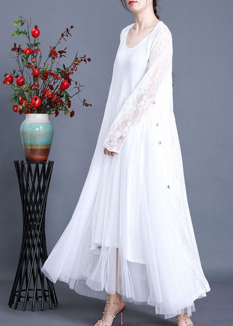 Bohemian White Solid Hollow Out Lace Long Cardigans Langermet