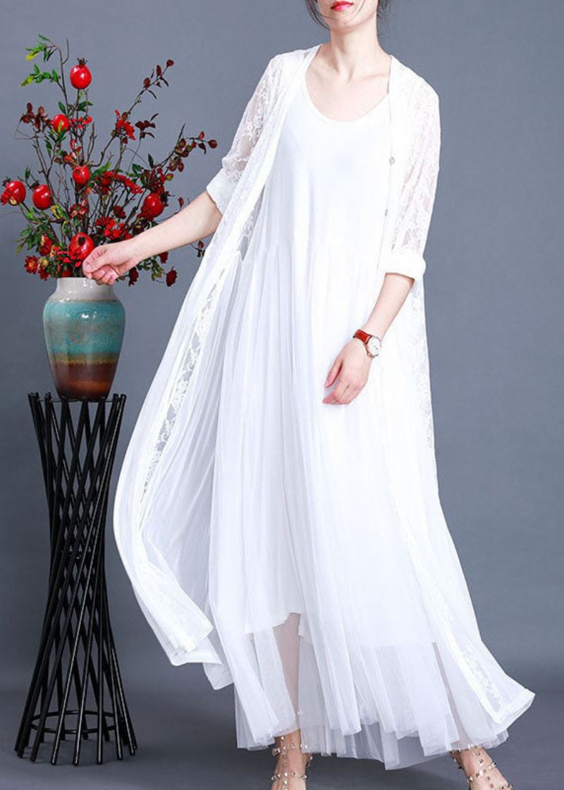 Bohemian White Solid Hollow Out Lace Long Cardigans Langermet - Cardigans for kvinner