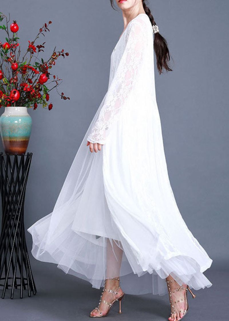 Bohemian White Solid Hollow Out Lace Long Cardigans Langermet - Cardigans for kvinner