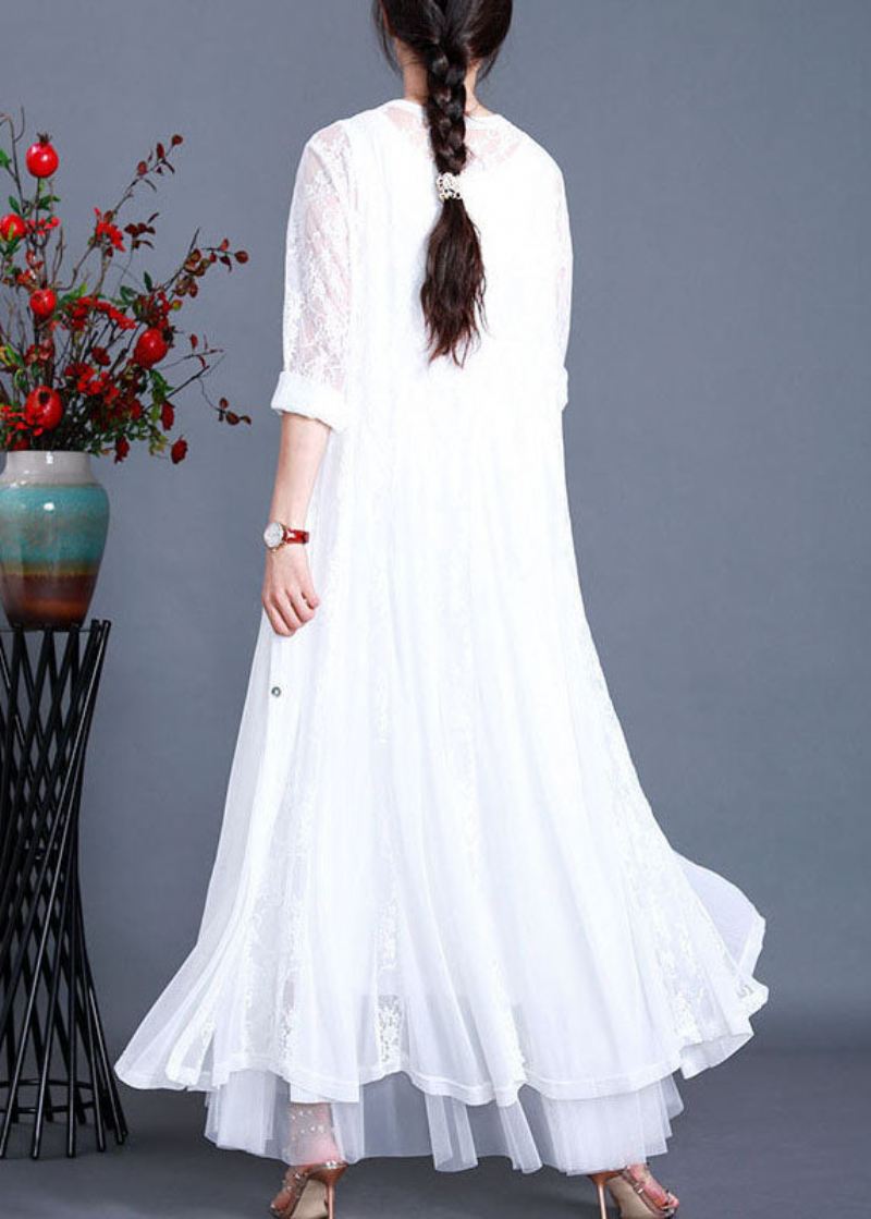 Bohemian White Solid Hollow Out Lace Long Cardigans Langermet - Cardigans for kvinner