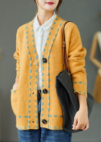 Bohemian Yellow Loose Button Lommer Fall Strikket Genser Coat