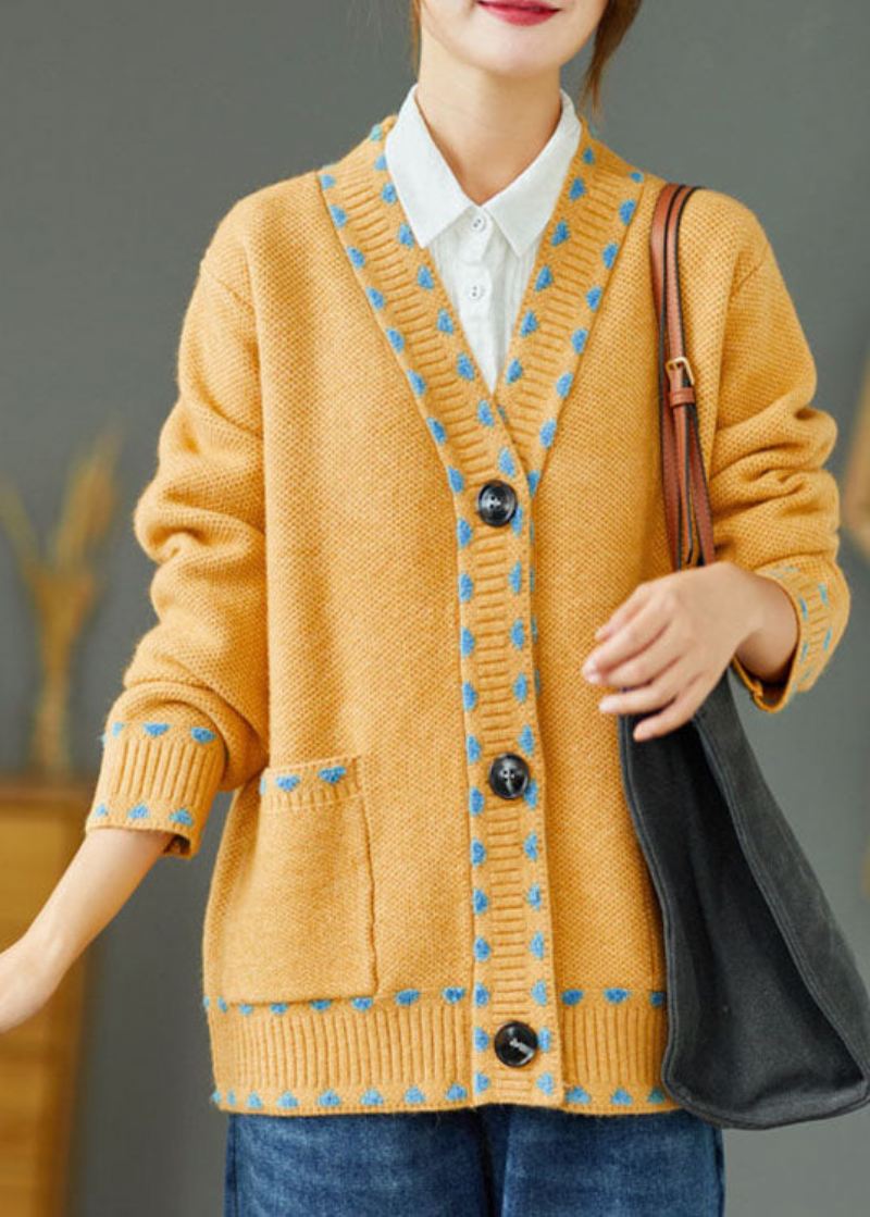 Bohemian Yellow Loose Button Lommer Fall Strikket Genser Coat - Cardigans for kvinner