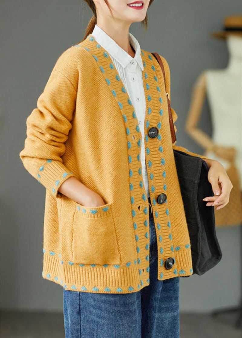 Bohemian Yellow Loose Button Lommer Fall Strikket Genser Coat - Cardigans for kvinner