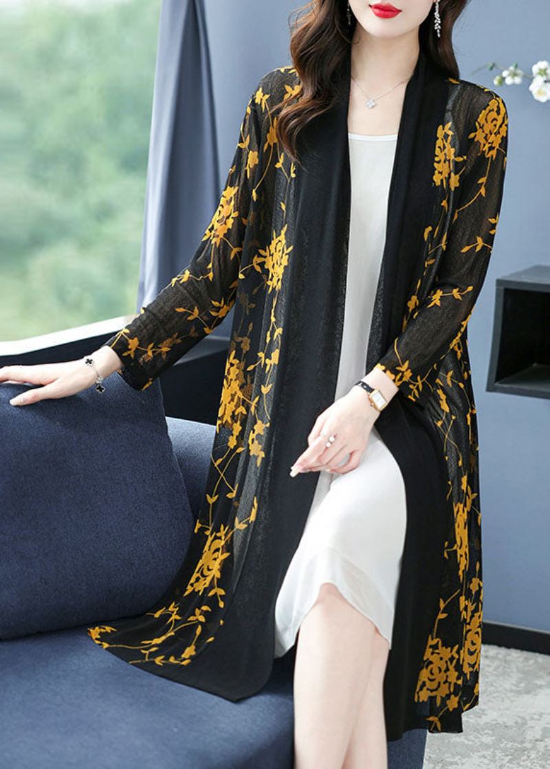 Bohemian Yellow V-hals Print Long Ice Size Chiffon Cardigans Sommer