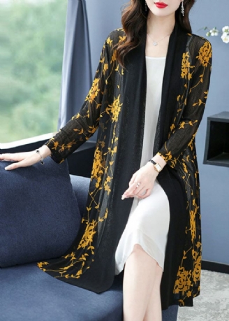 Bohemian Yellow V-hals Print Long Ice Size Chiffon Cardigans Sommer