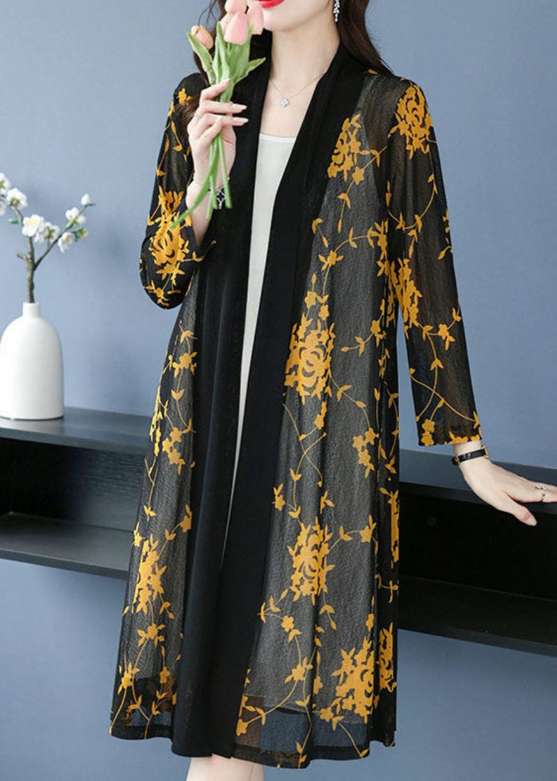 Bohemian Yellow V-hals Print Long Ice Size Chiffon Cardigans Sommer - Gul