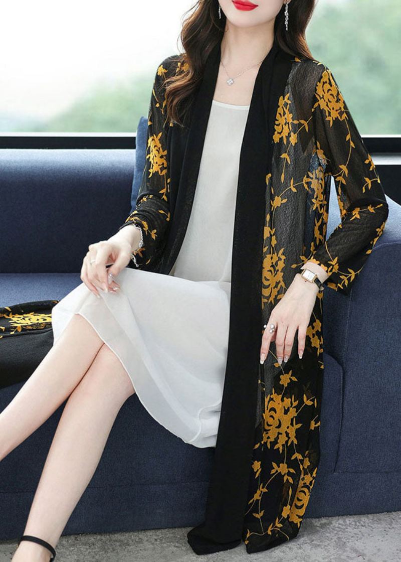 Bohemian Yellow V-hals Print Long Ice Size Chiffon Cardigans Sommer - Gul