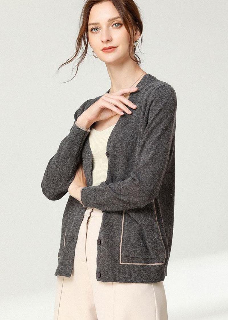 Boho Black Knit Button Langermet Cardigan - Khaki