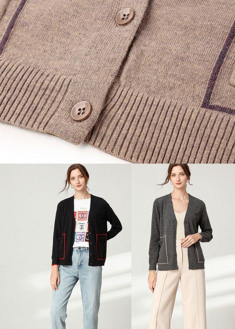 Boho Black Knit Button Langermet Cardigan - Khaki