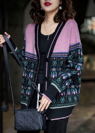 Boho Black Pink Oversized Patchwork Lazy Knit Cardigan Winter