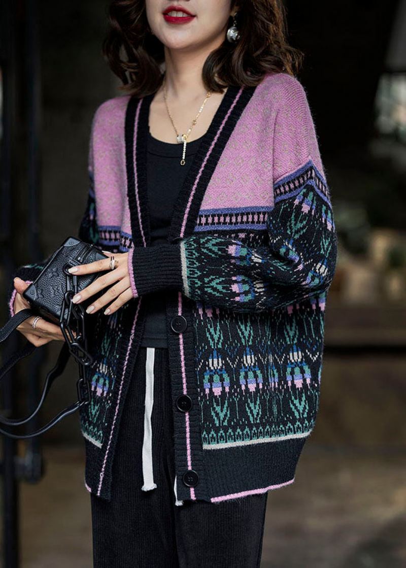 Boho Black Pink Oversized Patchwork Lazy Knit Cardigan Winter - Cardigans for kvinner