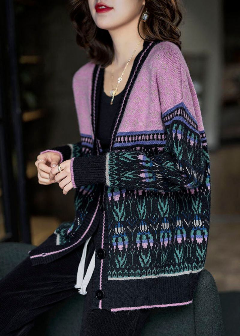 Boho Black Pink Oversized Patchwork Lazy Knit Cardigan Winter - Cardigans for kvinner