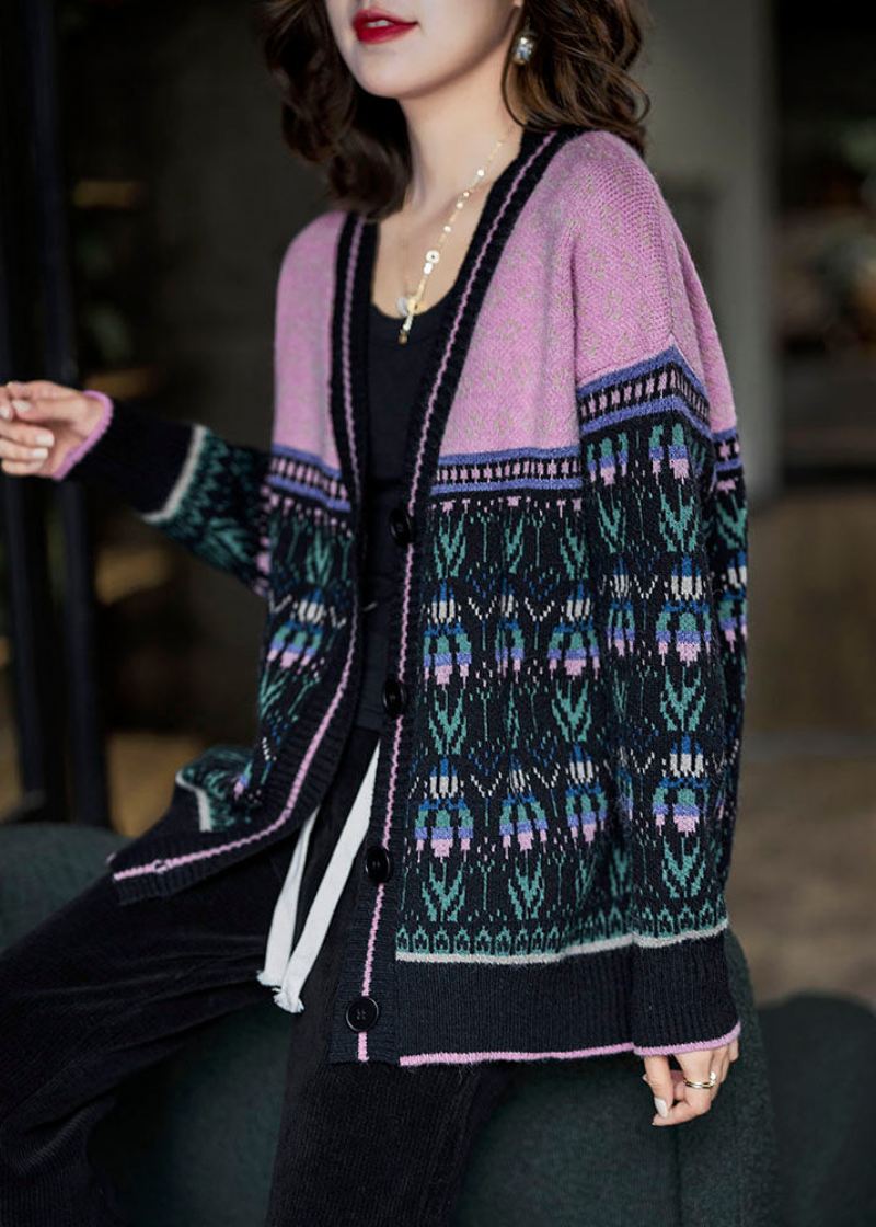 Boho Black Pink Oversized Patchwork Lazy Knit Cardigan Winter - Cardigans for kvinner