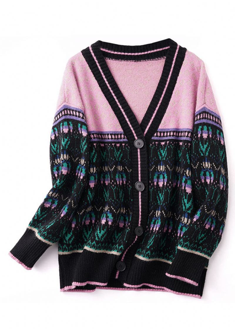 Boho Black Pink Oversized Patchwork Lazy Knit Cardigan Winter - Cardigans for kvinner