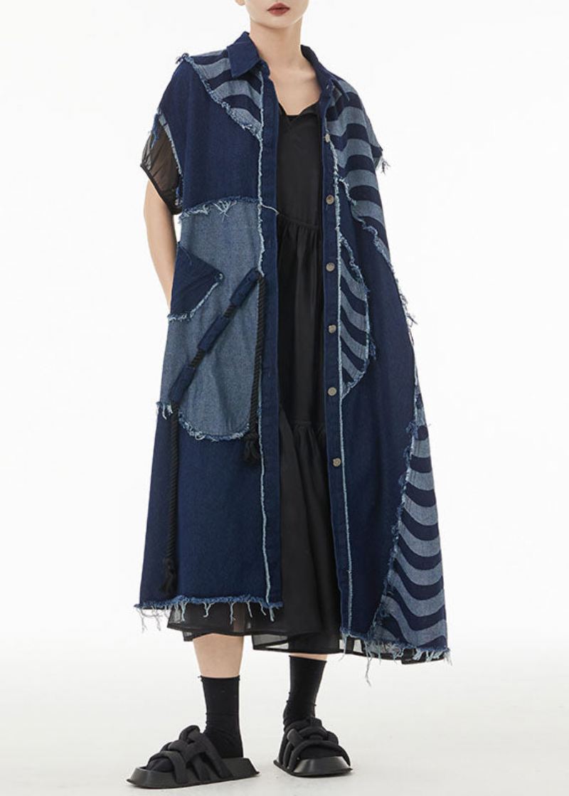 Boho Blue Asymmetrisk Patchwork Bomull Denim Lange Cardigans Ermeløse - Cardigans for kvinner