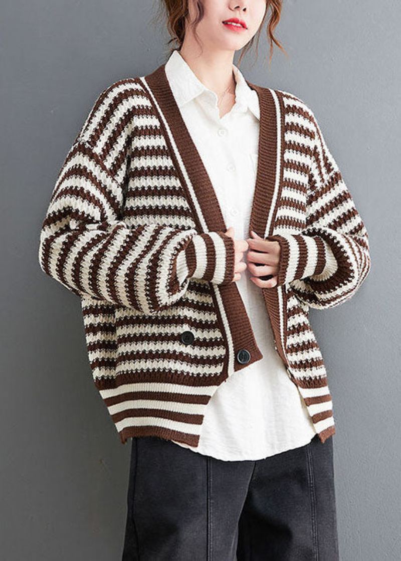 Boho Chocolate V-hals Stripet Koselig Strikk Coat Yttertøy Spring - Cardigans for kvinner