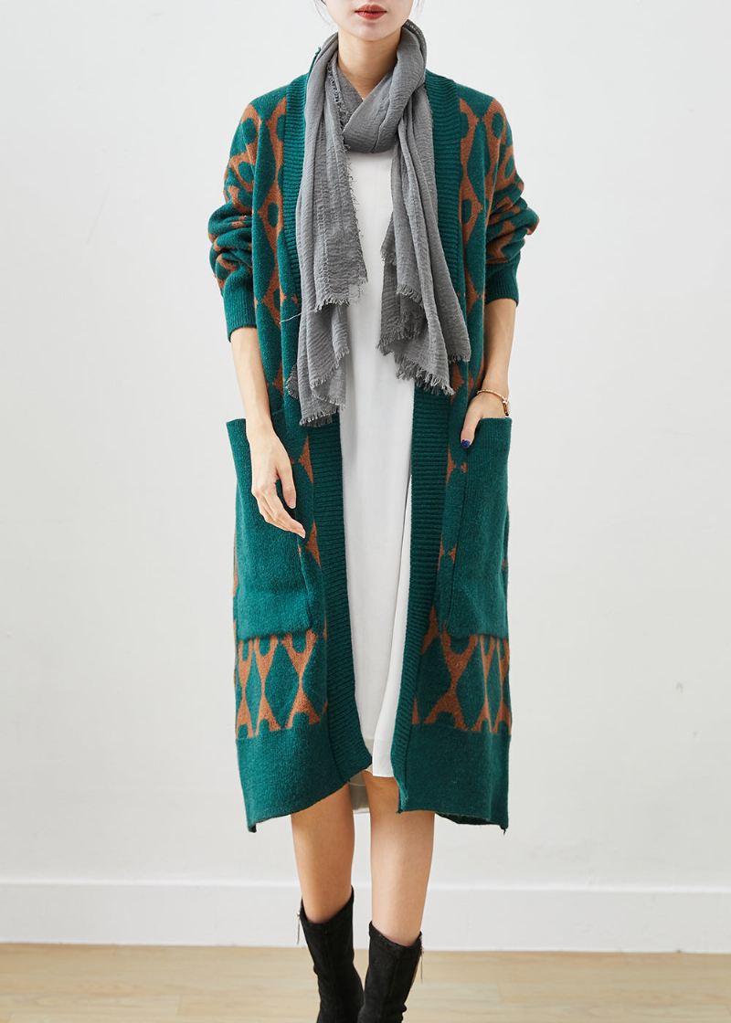 Boho Green Oversized Patchwork Lommer Strikket Cardigan Fall